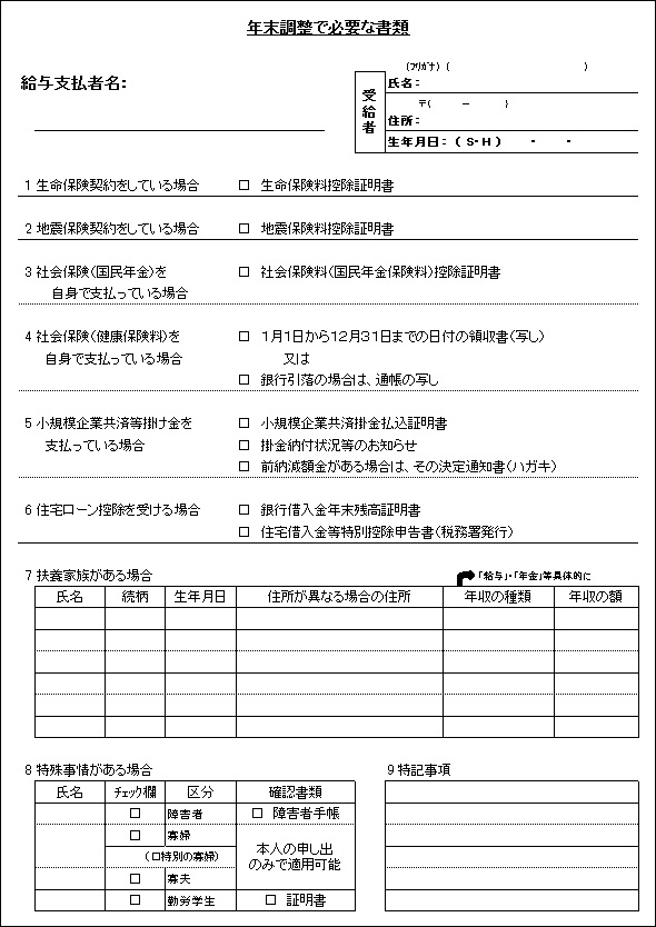 年末調整で必要な書類 年末調整で必要な書類